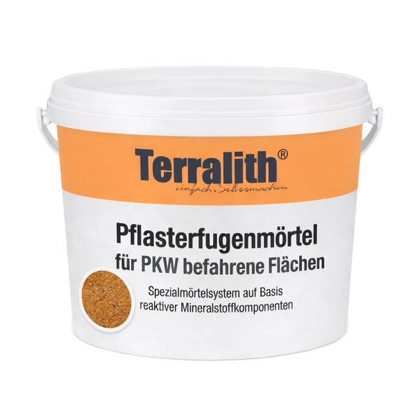 Terralith Pflasterfugenmörtel für PKW befahrbare Flächen im Eimer, reaktives Spezialmörtelsystem für Außenbereiche.