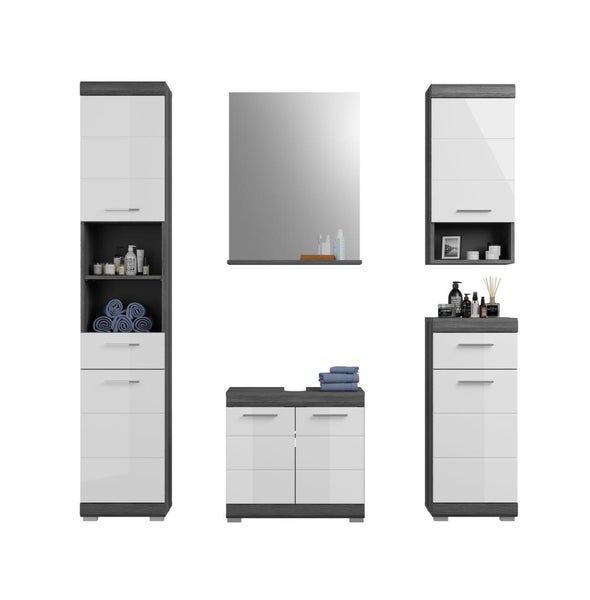 Badmöbel-Set in Hochglanz-Weiß und dunkler Holzoptik mit Hochschrank, Spiegel, Waschbeckenunterschrank, Hängeschrank und Beischrank.