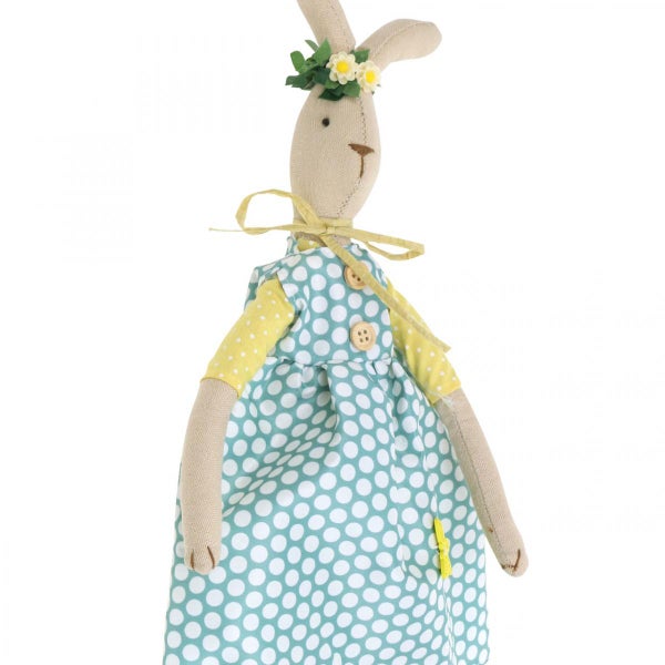 Dekorative Stoffpuppe Hase mit Kleid, Blumenkranz und Schleife