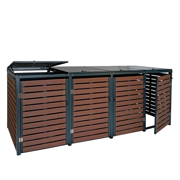 Mülltonnenbox für drei Mülltonnen mit Lattenstruktur und abschließbarer Tür
