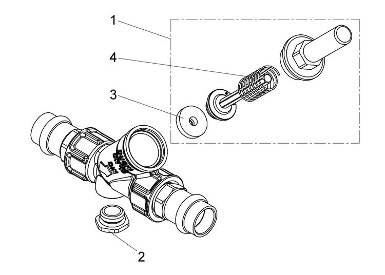 Technische Zeichnung eines Sanitärventils mit Explosionsdarstellung der internen Komponenten, nummeriert von 1 bis 4.