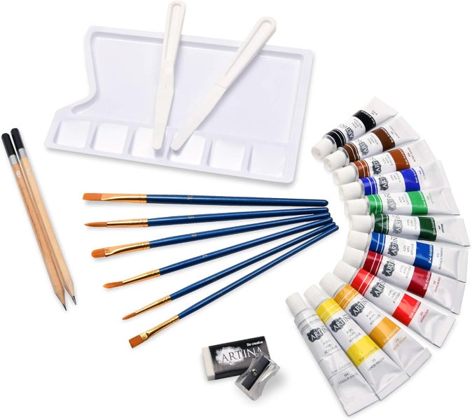 Farben Set mit Acrylfarben, Pinsel, Bleistiften, Malspachtel, Anspitzer und Mischpalette