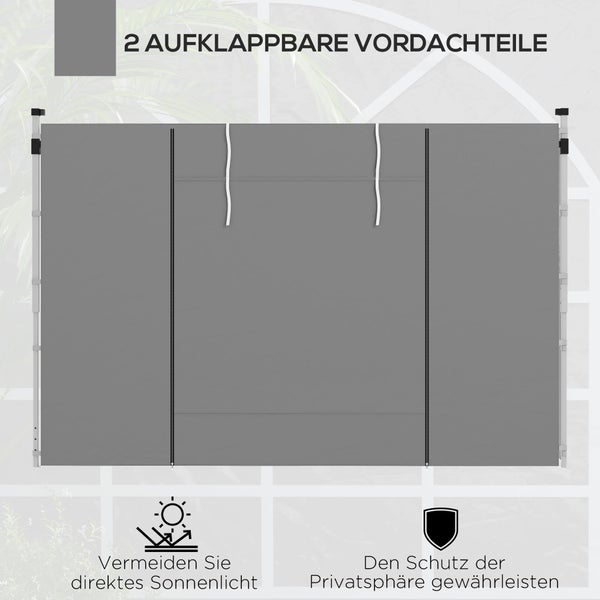 Sichtschutz mit zwei aufklappbaren Vorderteilen für Balkon oder Terrasse, bietet Sonnenschutz und Privatsphäre.