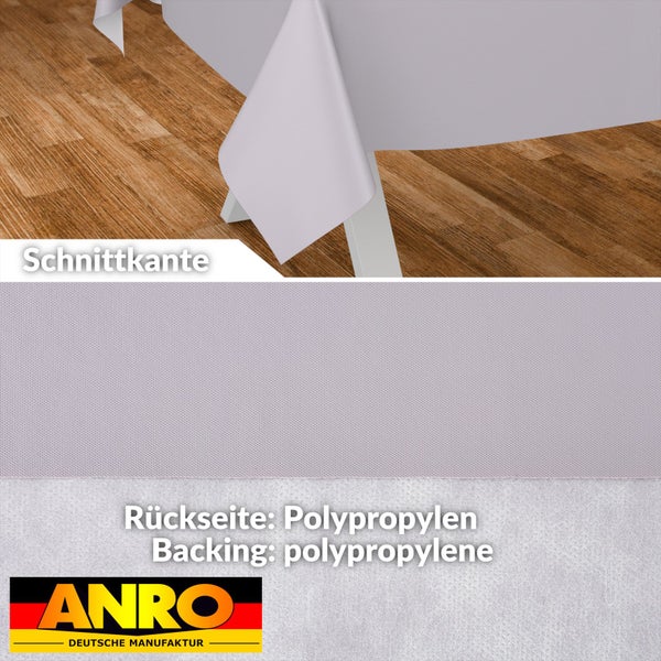 Wachstischdecke mit Schnittkante und Rückseite aus Polypropylen-Vlies, ANRO Deutsche Manufaktur Logo.