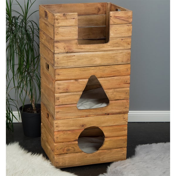 Katzenhöhlen-Set Kitty 3-teilig Mahagoni Massivholz, stapelbar naturfarben