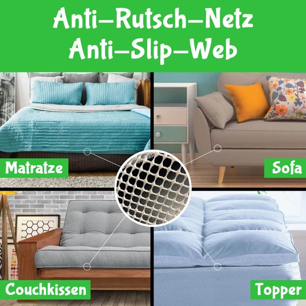 Anti-Rutsch-Netz für Matratze, Sofa, Couchkissen und Topper mit einer Detailaufnahme der Netzstruktur.