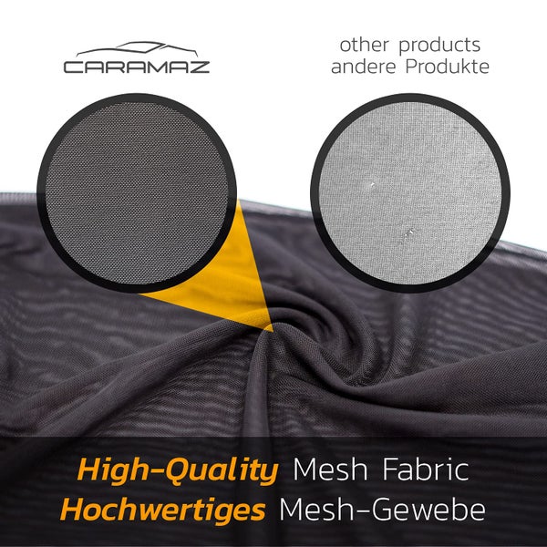 Vergleich zwischen hochwertigem, engmaschigem Caramaz Mesh-Gewebe und grobmaschigerem Gewebe anderer Anbieter. Caramaz Logo.