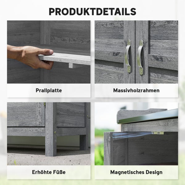 Produktdetails eines Gartenschranks aus Holz mit Prallplatte, Massivholzrahmen, erhöhten Füßen und Magnetverschluss.