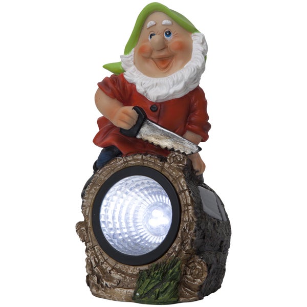 Gartenzwerg mit Säge auf Baumstamm mit Solarleuchte, 21 cm hoch