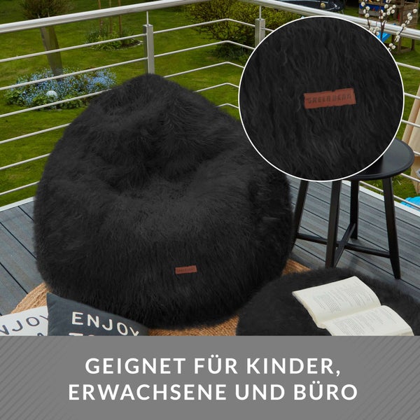 Green Bean Sitzsack in Felloptik mit Füllmaterial (EPS Perlen) - Maße ca 90 x 90 cm - Bean Bag Sitzkissen Sitzpuff Sitzsessel Bodenkissen Lounge Schwarz