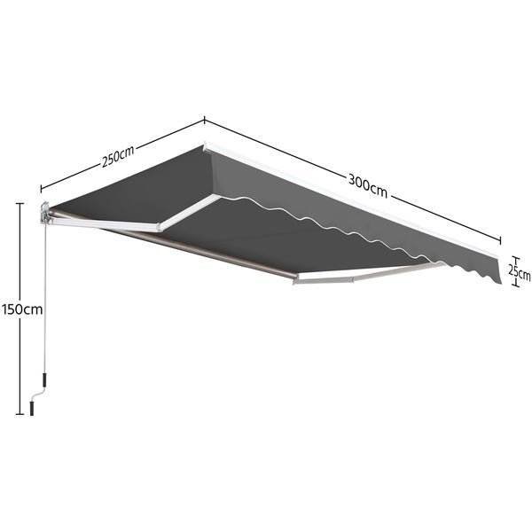 Graue Markise mit den Maßen 250 cm mal 300 cm und einer Höhe von 150 cm