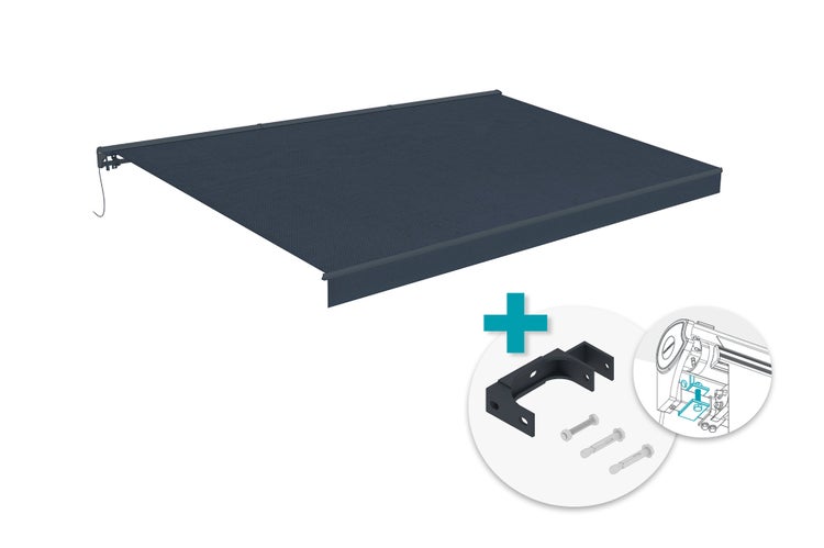 Ausgefahrene Gelenkarmmarkise inklusive Montageset mit Wandhalterung und Schrauben.