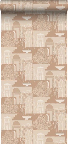 Dekoratives Schlafzimmer mit gemusterter Tapete und Rattan-Kopfteil.