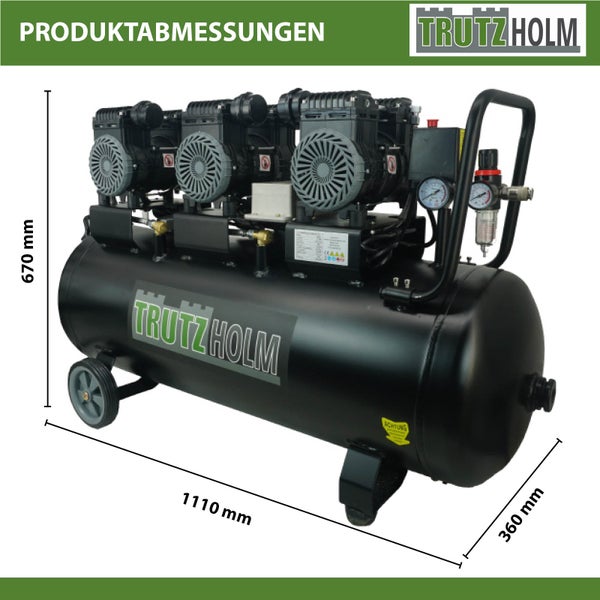 Trutzholm Druckluftkompressor mit Produktabmessungen: Länge 1110 Millimeter, Höhe 670 Millimeter und Breite 360 Millimeter.