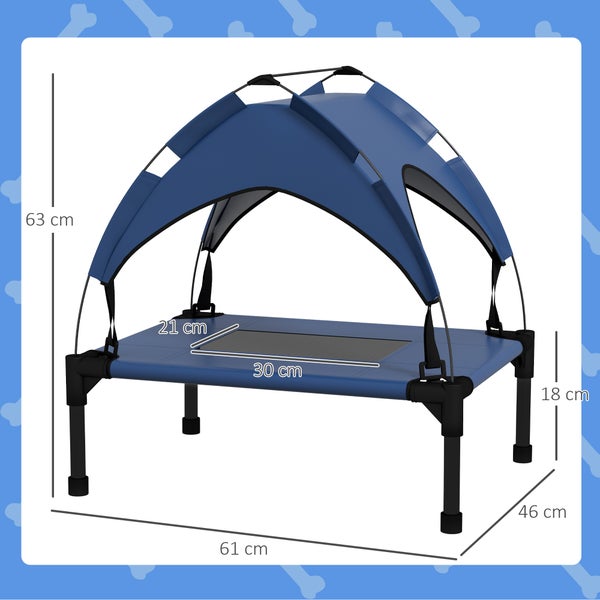 Hundebett mit Sonnendach und Größenangaben