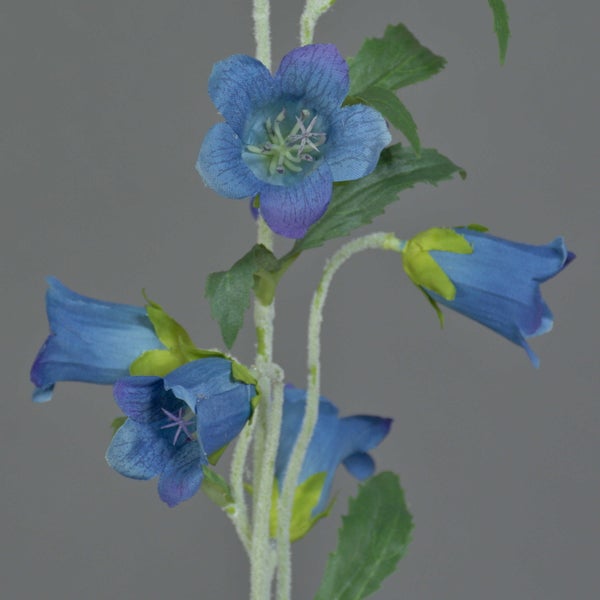 Nahaufnahme einer künstlichen Glockenblume mit beflocktem Stiel und gezackten grünen Blättern.
