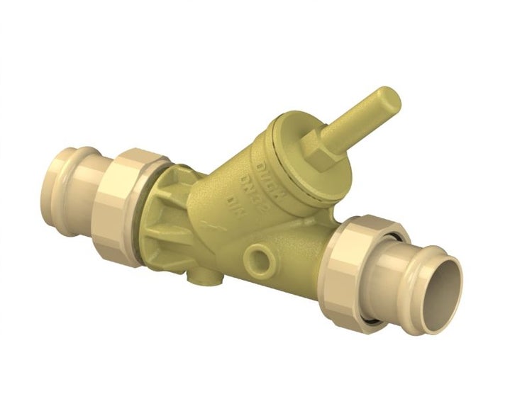 Schrägsitzventil aus Messing mit Pressanschlüssen, Nennweite 32, für Sanitärinstallationen.