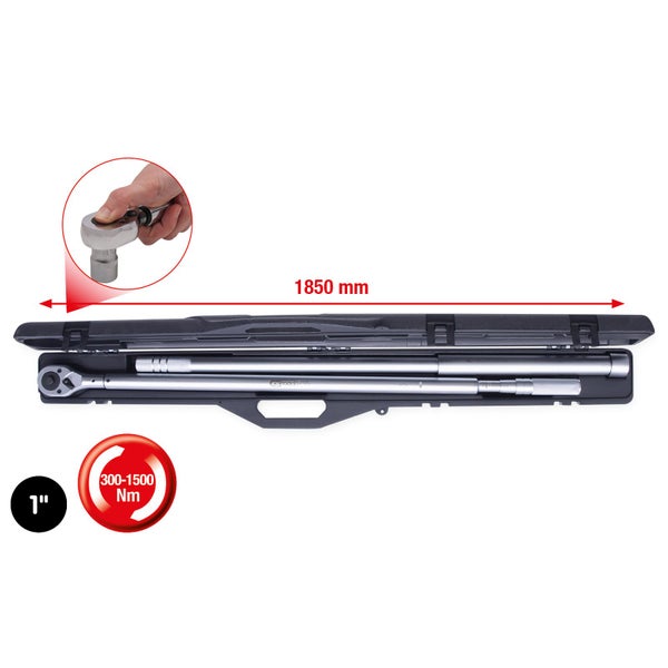 Drehmomentschlüssel mit einer Größe von 1 Zoll und einem Drehmomentbereich von 300 bis 1500 Newtonmeter in einem 1850 mm langen Koffer.
