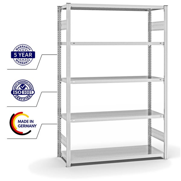PROREGAL Fachbodenregal Stecksystem T-Profil Medium-Duty Grundregal HxBxT 200 x 130 x 50 cm 5 Ebenen Fachlast 230 kg Beidseitig Nutzbar Lichtgrau