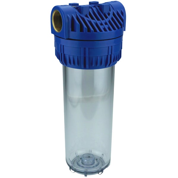 Wasserfiltergehäuse mit blauem Deckel und transparentem Behälter