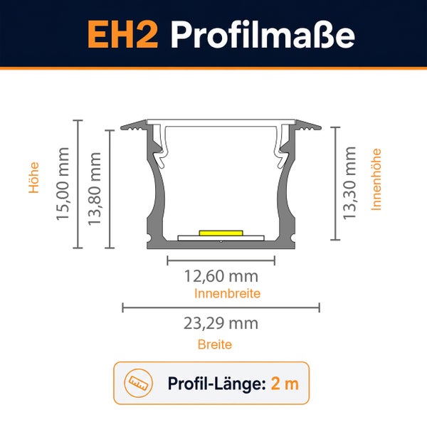 Technische Zeichnung mit Maßangaben des EH2 Aluminium LED Einbauprofils mit zwei Metern Länge.