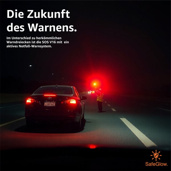 Szene auf einer dunklen Straße mit einem Auto, einem Mann mit Warnweste und einem aktiven Notfall-Warnsystem