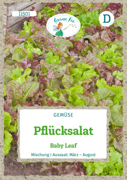 Samentüte für Pflücksalat Baby Leaf, Mischung aus grünen und roten Blättern, Aussaat von März bis August, Grüne Fee Logo.