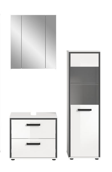 Badezimmermöbel-Set mit dreitürigem Spiegelschrank, Waschtischunterschrank mit zwei Schubladen und Hochschrank in Weiß und Anthrazit.