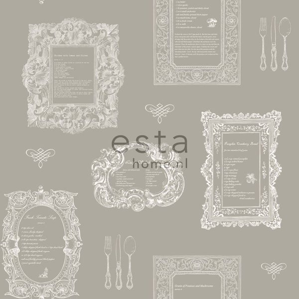 Tapete mit Rezepten und Besteckmotiven in Rahmen