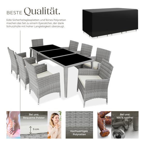 Rattan Sitzgruppe tectake Menorca 2 Bezugssets, inklusive Schutzhülle mit Aluminiumgestell hellgrau