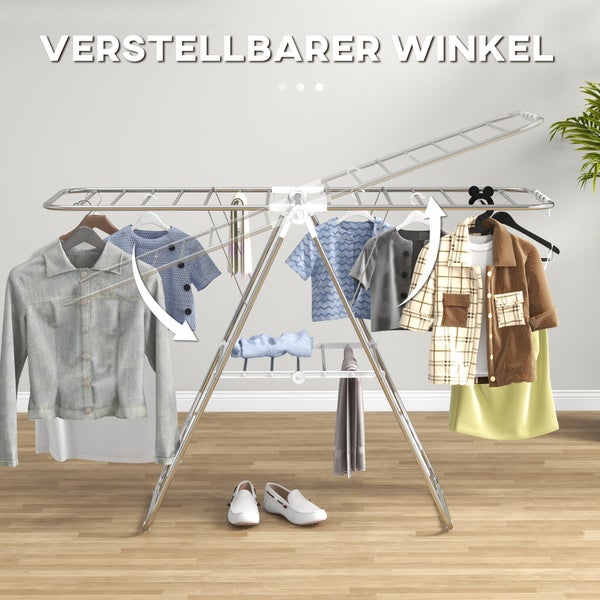 HOMCOM faltbarer Wäscheständer, 60,5 x 148 x 98 cm, Kunststoff, Silber, Weiß
