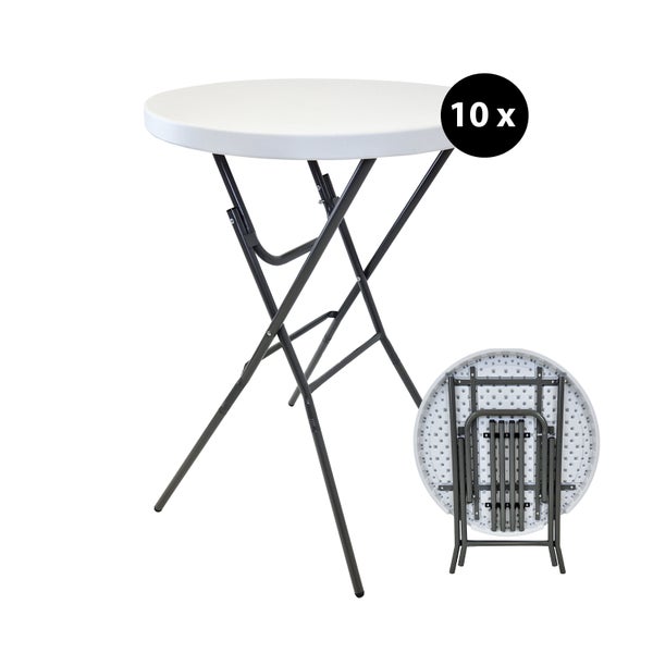 Set aus zehn klappbaren Stehtischen mit runder Tischplatte und Metallgestell