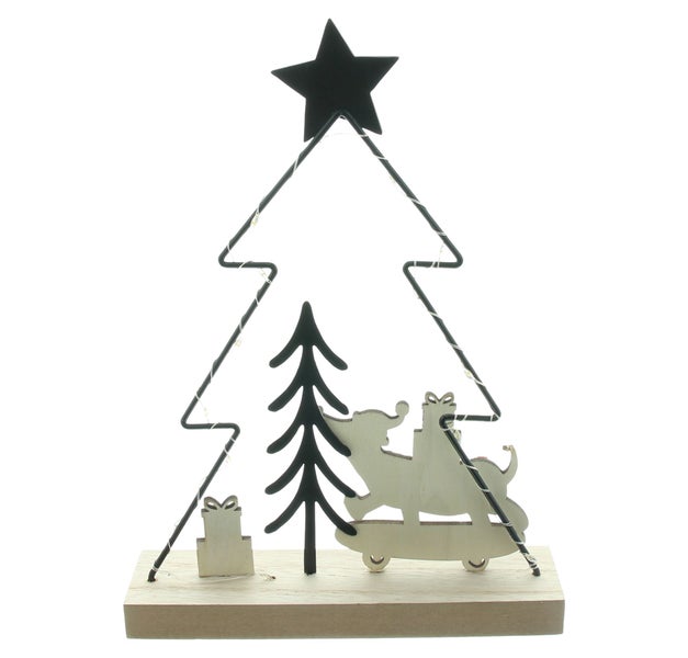 Weihnachtsdekoration Weihnachtsbaum aus Metalldraht mit LED Beleuchtung und Holzfiguren auf Holzsockel.
