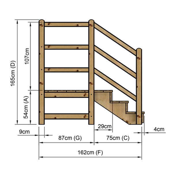 Technische Zeichnung einer Holztreppe mit Maßangaben