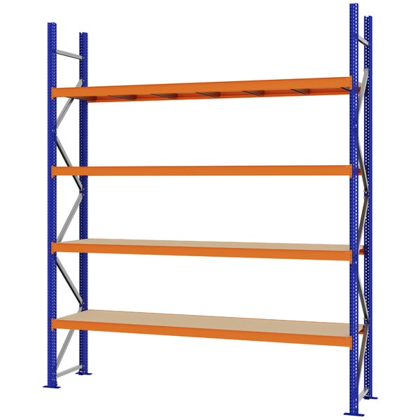 Schwerlastregal mit blauem Metallrahmen, orangefarbenen Traversen und vier Ebenen mit Spanplattenböden.