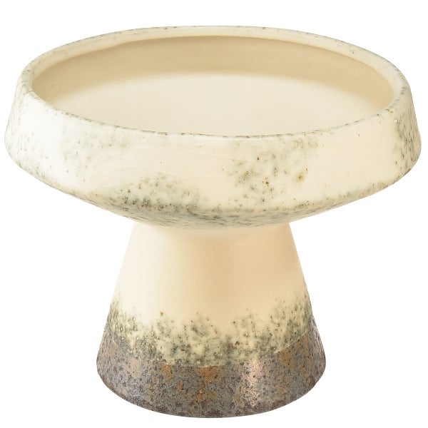 Dekoschale aus Keramik auf Standfuß mit strukturierter Oberfläche und gesprenkeltem Muster.