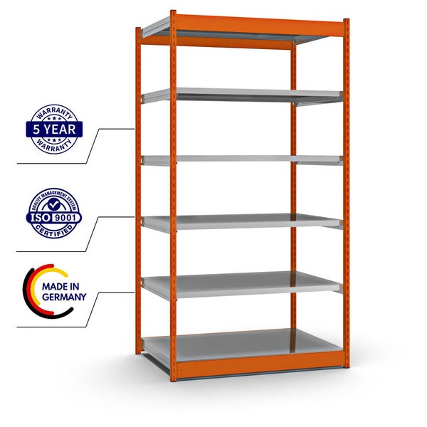 PROREGAL Fachbodenregal Stecksystem Vierkant-Profil Grundregal HxBxT 250 x 132,5 x 80 cm 6 Ebenen Einseitige Bauart Fachlast 200 kg Orange