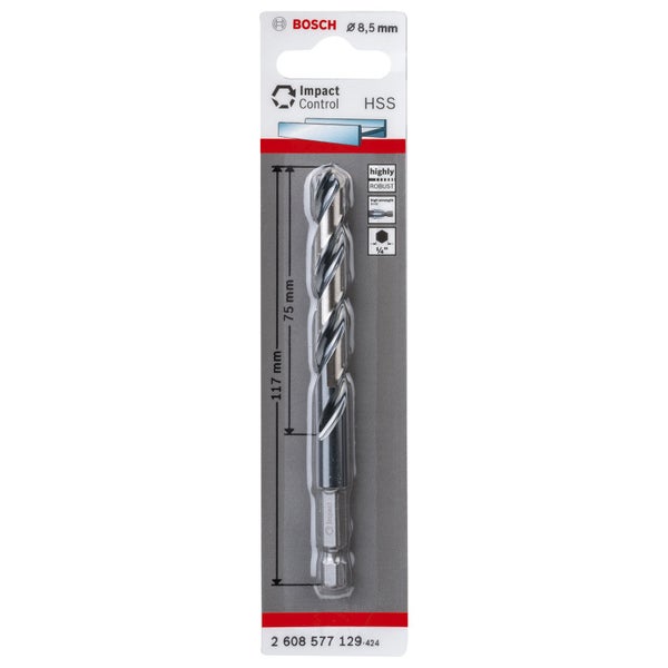 Bosch 1x HSS Spiralbohrer Impact Control mit Sechskantschaft 8,5 x 75 x 117 mm - 2608577129