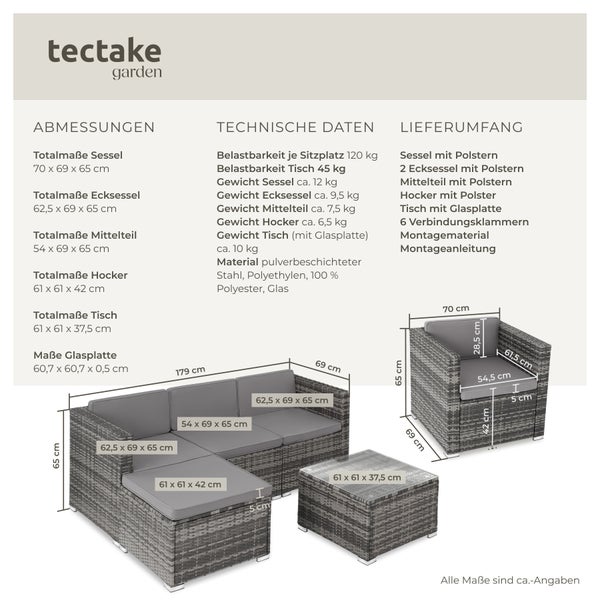 Rattan Lounge tectake Lignano variabel aufstellbar für 4 bis 5 Personen grau