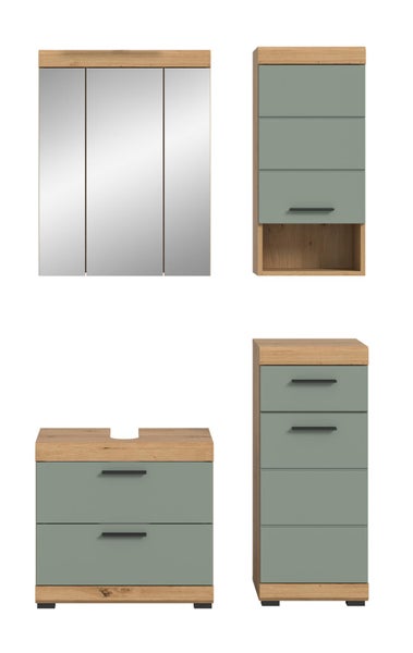 Badezimmermöbel-Set mit Spiegelschrank, Waschtischunterschrank und zwei Schränken in Eiche-Optik mit salbeigrünen Fronten.