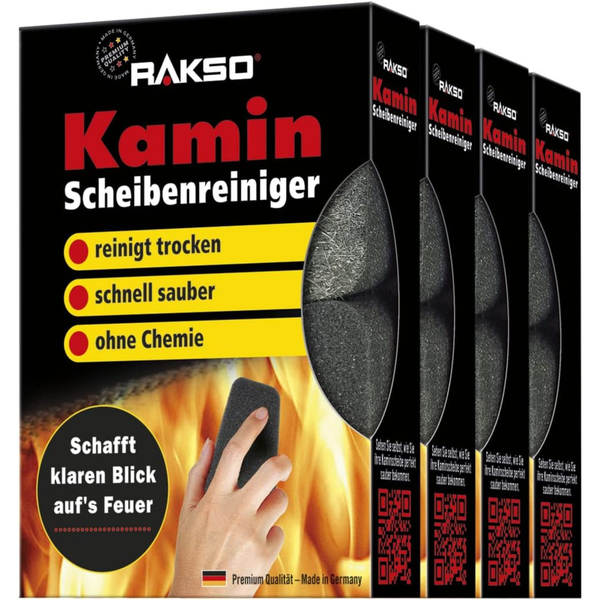 Rakso Kamin Scheibenreiniger zur chemiefreien Trockenreinigung von Kaminscheiben aus Stahlwolle im Viererpack.