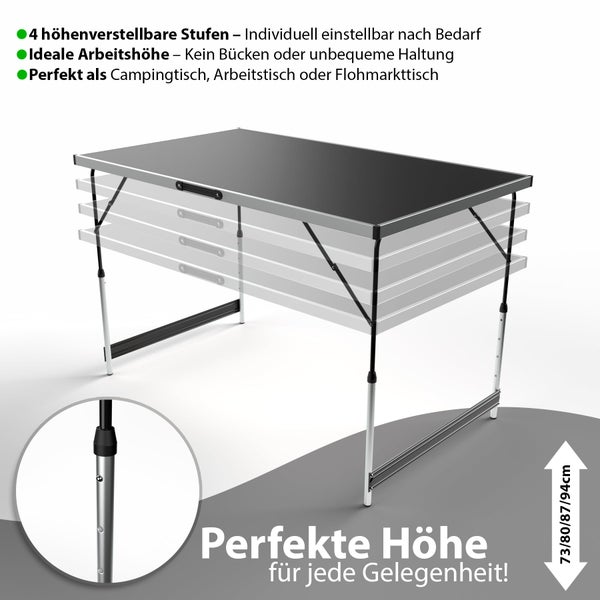 Höhenverstellbarer Klapptisch mit vier Stufen für Camping Arbeit oder Flohmarkt in den Höhen 73 80 87 und 94 Zentimeter