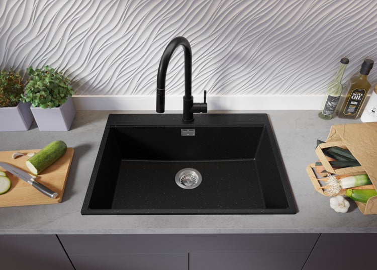 PRIMAGRAN Granitspüle Schwarz Metallic 68x50cm, Spülbecken 1 Becken + Küchenarmatur 40x20cm + Ablauf-Set + Aufrollbare Abtropffläche, Küchenspüle ab 70er Unterschrank - Oslo