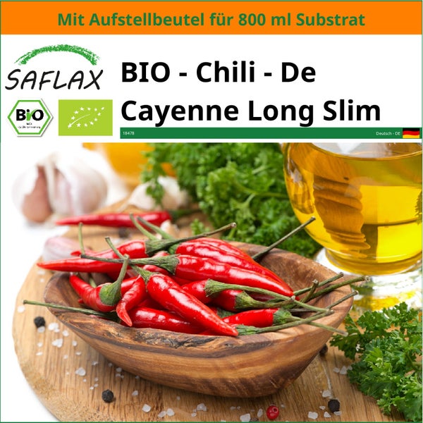 SAFLAX Garden in the bag - BIO - Chili - De Cayenne Long Slim - Capsicum annuum - 10 Samen - Mit Anzuchtsubstrat im praktischen, selbst aufstellenden Beutel