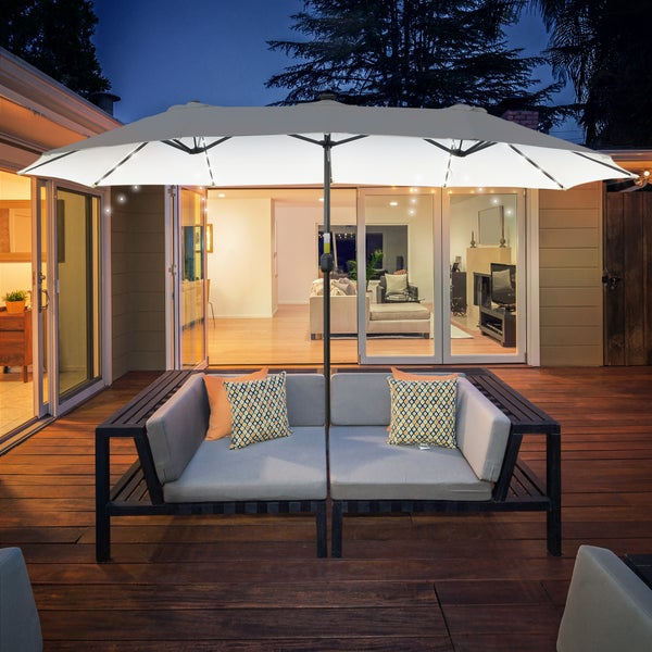 Outsunny Sonnenschirm mit LED Solar, Doppelsonnenschirm, 4,5m, Polyester-Gewebe, Metall, Schwarz+Cremeweiß