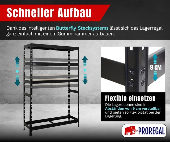 Schwarzes Metall-Lagerregal mit Butterfly-Stecksystem für einfachen Aufbau und in 9 Zentimeter Schritten höhenverstellbaren Ebenen. Proregal Logo.