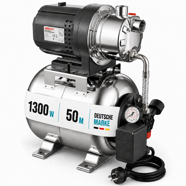 Hauswasserwerk aus Edelstahl mit 1300 Watt Leistung, 50 Meter Förderhöhe und integriertem Manometer.