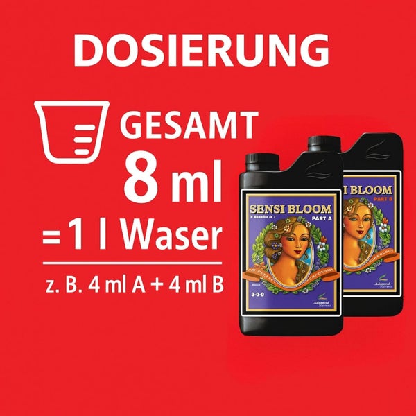 Dosierungshinweis für Sensi Bloom Teil A und Teil B: Insgesamt 8 Milliliter auf 1 Liter Wasser, zum Beispiel 4 Milliliter A und 4 Milliliter B.