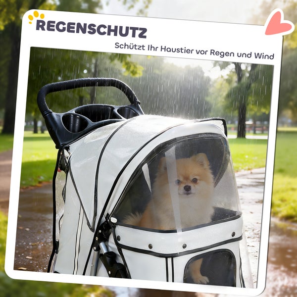 Hundebuggy mit transparentem Regenschutz schützt ein Haustier bei Regen und Wind im Freien.