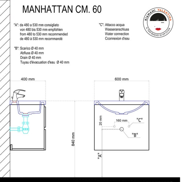 Möbelset für kleine Badezimmer 60x39cm, Holzoptik weiß | Manhattan